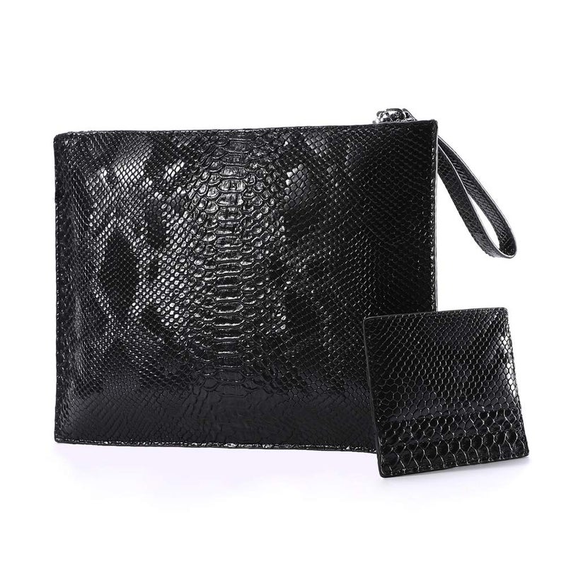 NIGEDU Women Clutches Fashion Snakeskin PU Leather Party Envelope Purse Bag with Hand Strap (Black) - Image 1